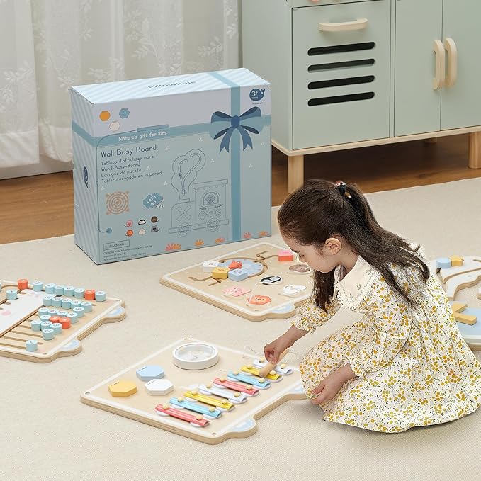 Pillowhale Train Activity Wall Busy Board, Wooden Montessori Sensory Toys, 12-in-1 Learning Activity Center for Playroom,Daycare, Nursery, Classroom, Educational Toys for Toddler