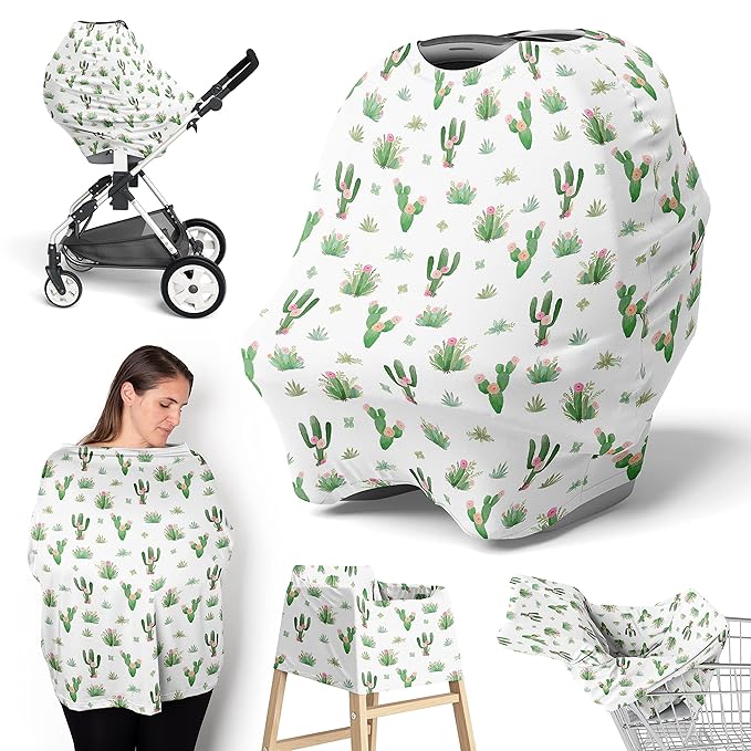 Sweet Jojo Designs Cactus Floral Girl Infant Baby Car Seat Cover Nursing Breastfeeding Shopping Cart Stroller Canopy - Pink and Green Boho Bohemian Watercolor Shabby Chic Desert