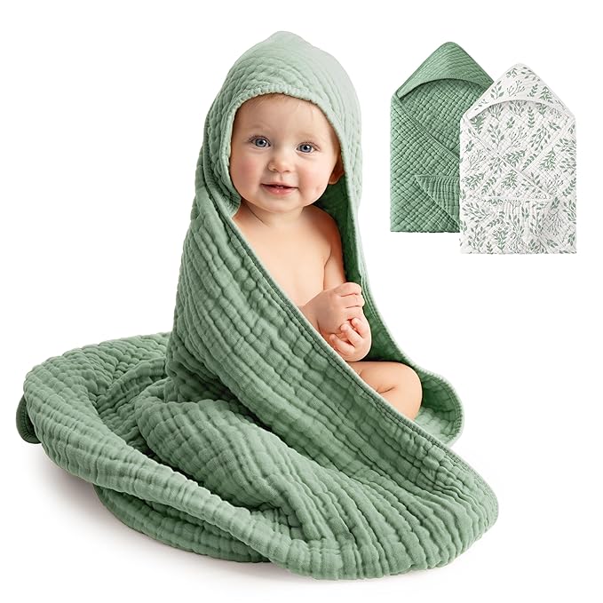 Baby Bath Towels, 100% Muslin Cotton Hooded Baby Towels for Newborn, 2 Pack Baby Towels with Hood for Infant Toddler and Kids, Large 32x32Inch Unisex Bath Essentials, Soft and Absorbent