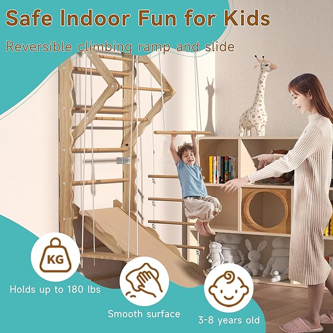 5-in-1 Indoor Playground Swedish Ladder Jungle Gym with Swing,Pull-Up Bar,Rope Ladder,Climbing Wall,Slide and Gymnastic Rings for Kids Ages 4-8
