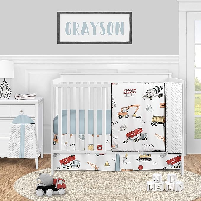 Sweet Jojo Designs Construction Truck Boy Baby Playmat Tummy Time Infant Play Mat - Grey Yellow Orange Red and Blue Transportation