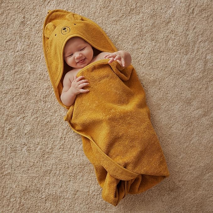 Hooded Baby Towels - 100% Organic Cotton Baby Bath Towels for Baby Boy, Baby Girl, 32" x 32" Super-Soft and Absorbent Baby Towels for Newborn (Bear - Autumn Yellow)