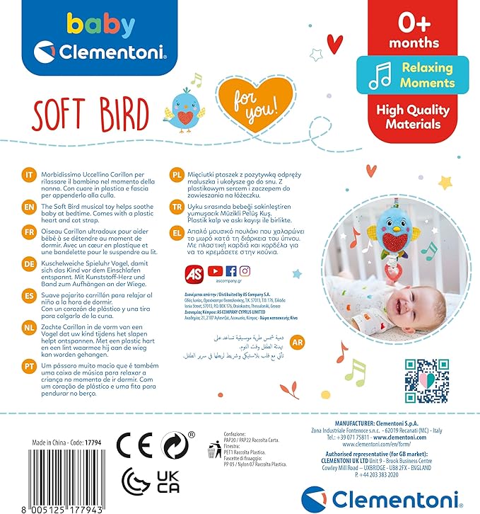 Clementoni - Soft Bird Carillon Newborn, Music Box, Baby Sleep Game 0 Months, Multicolor (17794)