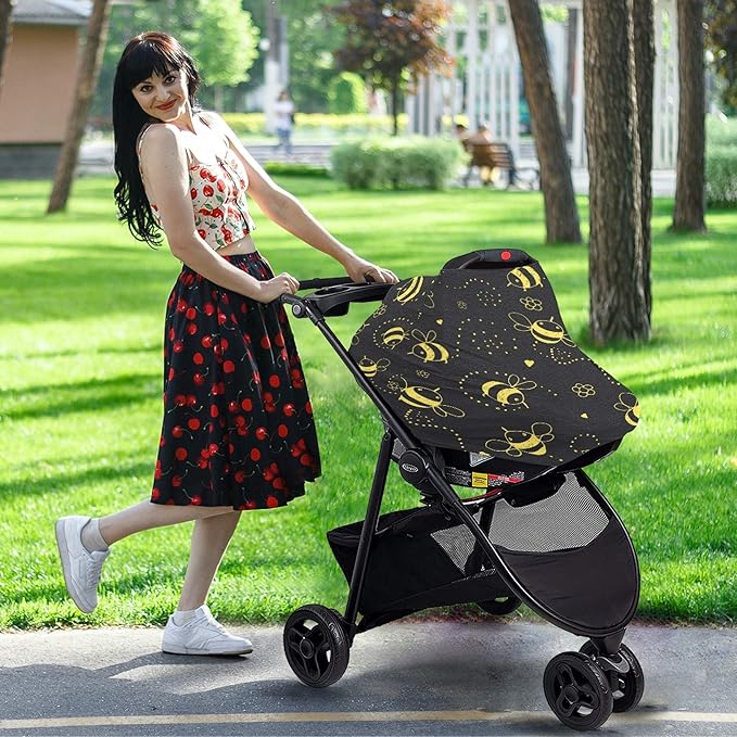 Cartoon Cute Bee Flower Heart Pattern Doodle On Black Stretchy Baby Car Seat Cover Infant Canopy Nursing Covers Breastfeeding Cover Breathable Windproof Winter Scarf for Boys Girls