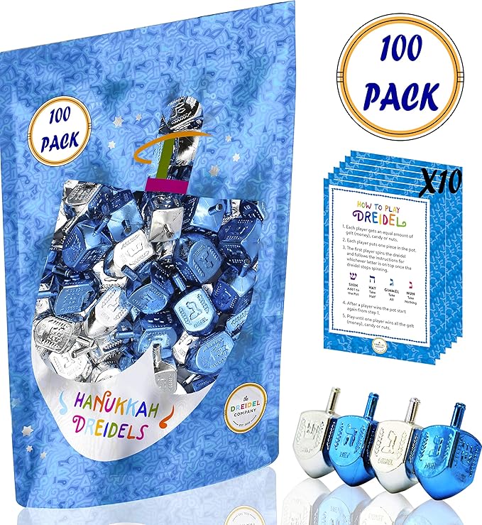 The Dreidel Company 100-Pack Hanukkah Plastic Silver & Blue Metallic Dreidels with English Translation, Spinning Tops Includes Dreidel Game Instruction Card