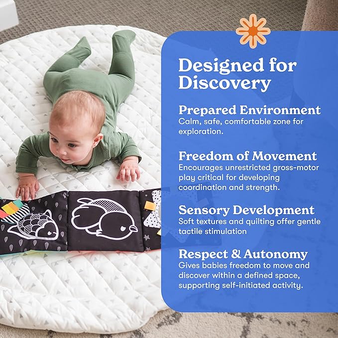 Round Baby Play Mat for Floor, 43" Reversible Tummy Time & Crawling Mat, Soft Cushioned Cotton Baby Playmat, Foldable & Machine Washable Activity Mat for Newborn to Toddler, Neutral Nursery & Playroom