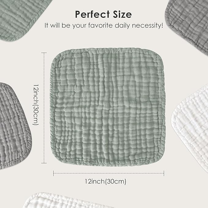 Sunny zzzZZ Baby Muslin Washcloths -100% Cotton Muslin Soft Baby Bath Wash Cloths and Absorbent Burp Cloths for Newborns Kids Girls and Boys -12 Pack, 12x12 Inches - White+Green+Grey