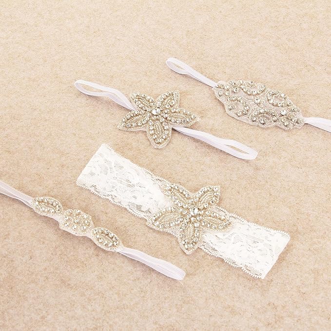 Nishine Girls White Rhinestone Flower Headband Pack Baby Christening Baptism Headband for Baby Shower Wedding Hair Accessories (Lace Star-2 Pack)