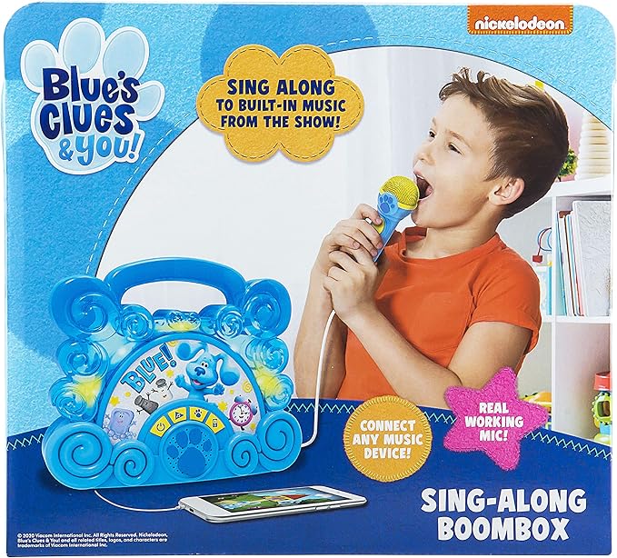 eKids Blues Clues Toy Sing Along Boombox for Kids, Musical Toy for Toddlers, Kids Boombox with Microphone and Built-in Music, Connects to Mp3 Player Aux in Audio Device