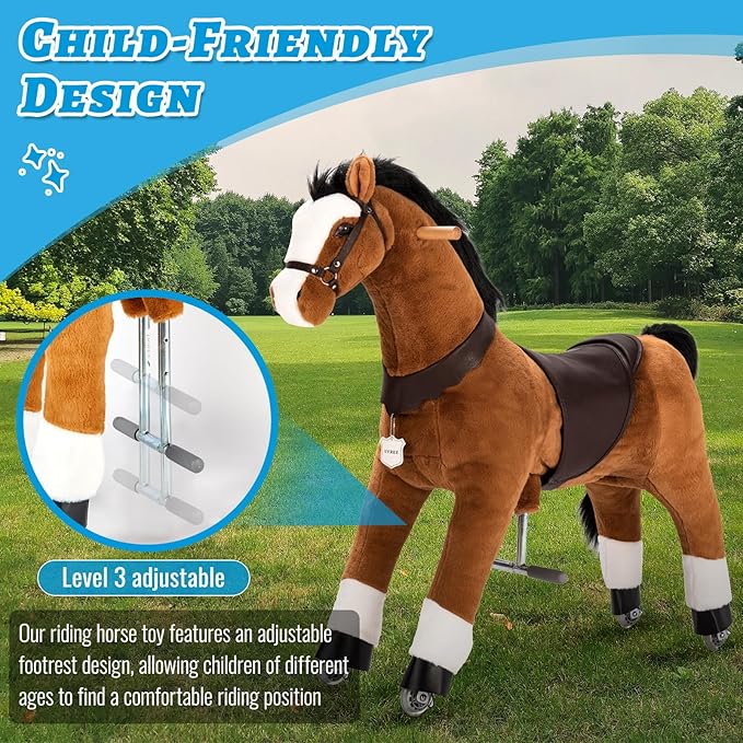 UFREE Ride on Horse, Horse Ride on Toy, Mechanical Horse, Plush Animal, Black Mane and Tail, Age 4-9
