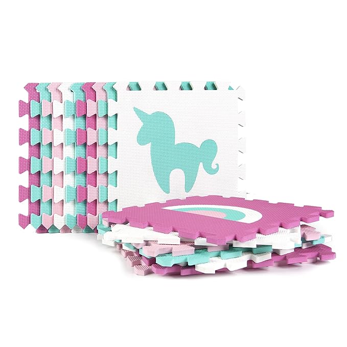Tadpoles Rainbows and Unicorns Foam Playmats for Kids, 16 Interlocking Foam Tiles, Waterproof, Durable, & Long-Lasting | Total Floor Coverage 50” x 50” | for Ages 3 & Up | Pink, Blue, Purple, & White