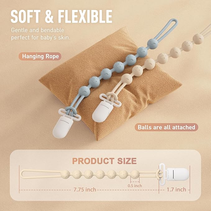 Cuddle Campus Silicone Pacifier Clip Holder with One Piece Design,Soft Flexible Binky Clips with Texture for Baby Boy and Girl Pack of 5 Plastic Clip (0-6m)