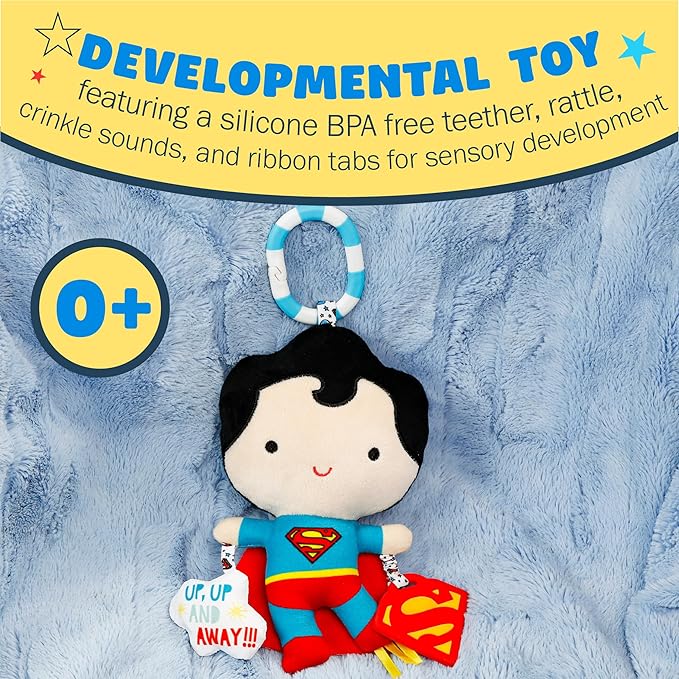 Kids Preferred DC Comics Superman Multi Sensory Activity Toy with Teethers, Crinkle Textures, and Clip for On The Go Fun for Infant and Baby Boys and Girls, Medium