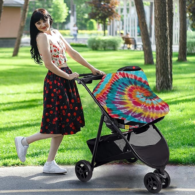 Colorful Tie Dye Swirl Traditional Spiral Pattern Design Stretchy Baby Car Seat Cover Infant Canopy Nursing Covers Breastfeeding Cover Breathable Windproof Winter Scarf for Boys Girls
