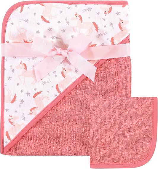 Hudson Baby Unisex Baby Cotton Hooded Towel and Washcloth, Unicorn, One Size