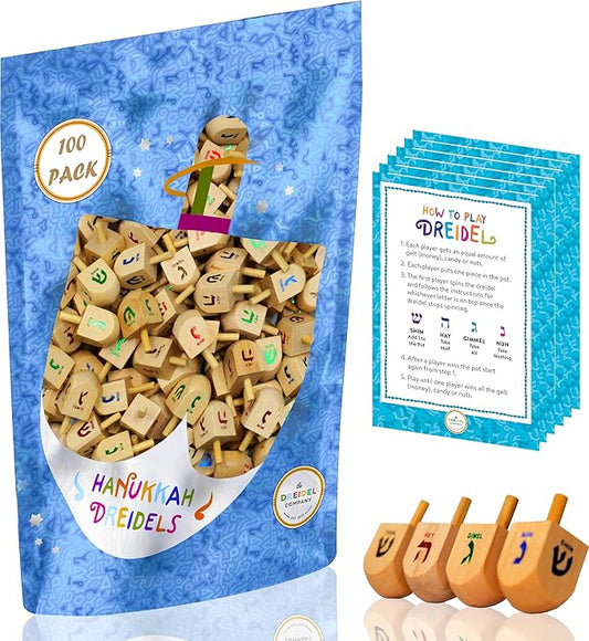 1000-Pack Natural Wood Dreidels Hanukkah Draydel with Foiled Embossed English Transliteration & Instruction Cards (1000-Pack)