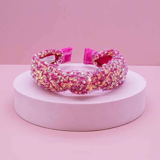 FROG SAC Sequin Knot Headband for Girls, Pink Knotted Hair Bands Accessories for Kids, Sparkly Iridescent Little Girl Headbands, Cute Fashion Hairbands for Tweens Stocking Stuffers for Children