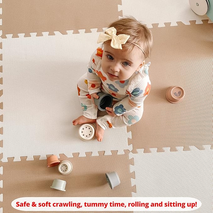Extra Thick Baby Play Mat Tiles Non-Toxic Foam Floor Puzzle Mat Extra Large Interlocking Activity Playmat for Infants Toddlers Kids Crawling Tummy Time 74x74 Inches (Beige/White)