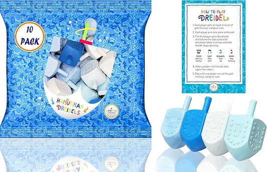 The Dreidel Company 10-Pack Hanukkah Blue and White Plastic Pastel Colored Dreidel, for Children, Boys and Girls, Party Favors (10-Pack)