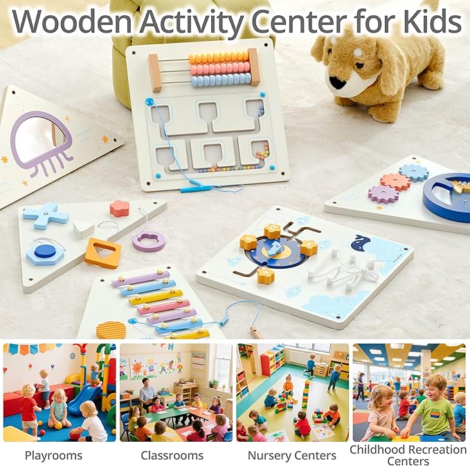 Pillowhale Tangram Activity Wall Busy Board Panels, 12-in-1 Learning Activity Center, Wooden Montessori Sensory Toys for Toddler Playroom, Nursery, Daycare, Classroom, Dentist Waiting Room