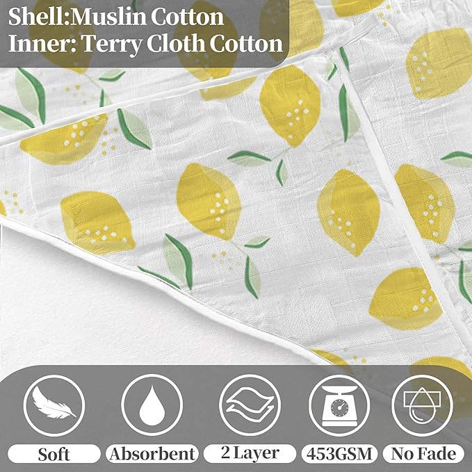 VOOVA & MOVAS Super Soft Infant Large Bath Essentials, Thick Unisex Baby Towels 100% Muslin Cotton, 32 x 32 Inches,Durability,Suitable for Newborn 0-18 Months Yellow Lemon Print Gift Set