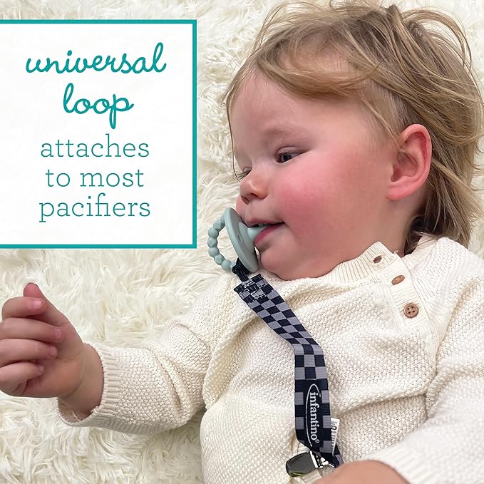 BooginHead by Infantino PaciGrip 2-Pack Pacifier Clips – Universal Fit, Gentle on Clothes, Keeps Pacifiers Clean & Close, Ages 0-36 Months, Black, Grey and White Skater