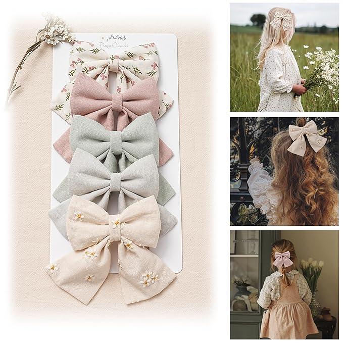Hair Bows with Hair Clips for Girls Toddler Baby,Handmade 5" Flower Print Embroider Big Bows,FANCY CLOUDS Boutique Hair Accessorioes Gifts for School Kids