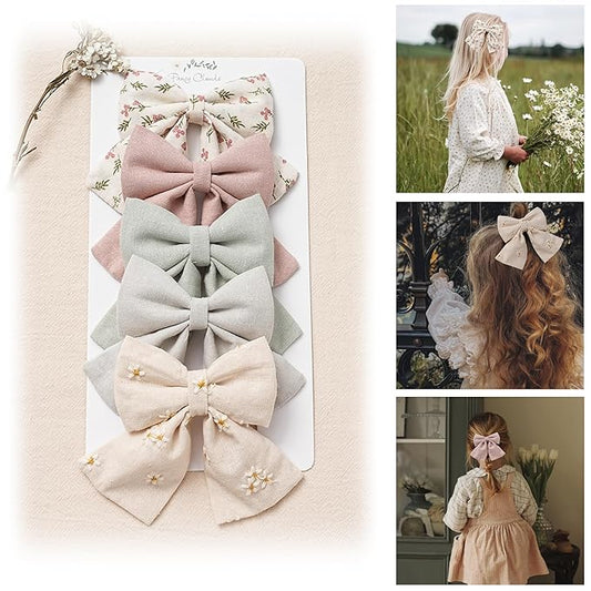 Hair Bows with Hair Clips for Girls Toddler Baby,Handmade 5" Flower Print Embroider Big Bows,FANCY CLOUDS Boutique Hair Accessorioes Gifts for School Kids