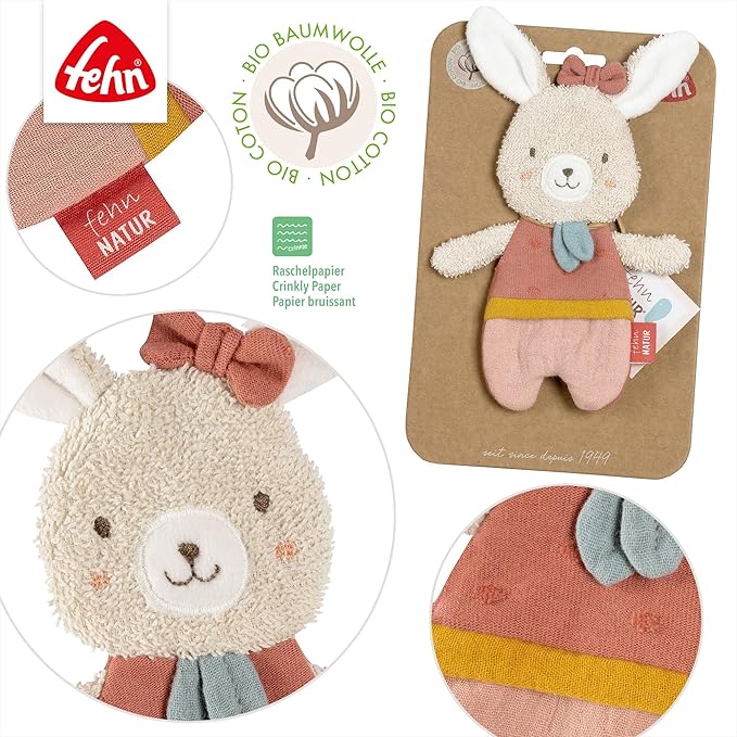 Fehn FehnNATUR rustling Rabbit - Activity Soft Toy for Grasping and Playing - Motor Skills Toys & Rustling Toys for Babies and Young Children from 0+ Months