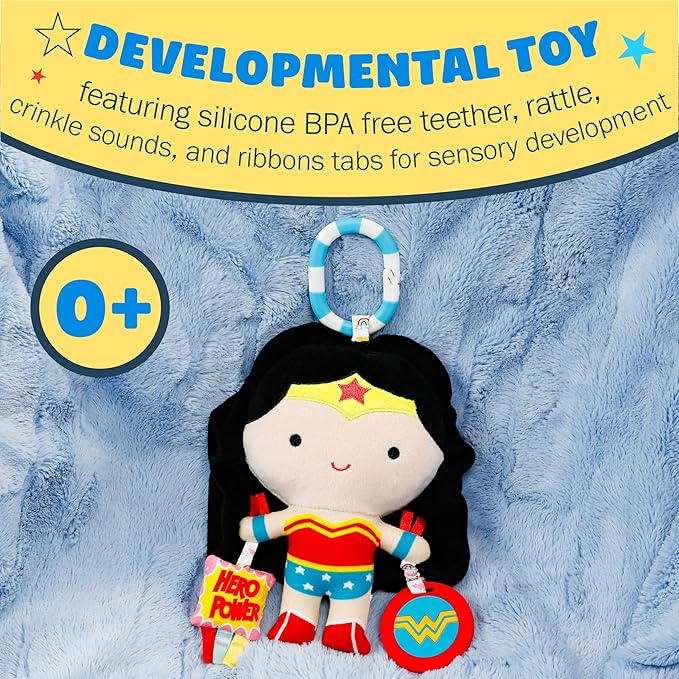 Kids Preferred DC Comics Wonder Woman Multi Sensory Activity Toy with Teethers, Crinkle Textures, and Clip for On The Go Fun for Infant and Baby Boys and Girls Medium