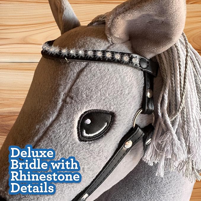 Playful Minds Large Hobby Horse for Kids and Adults – Show Quality with Rhinestone Studded Bridle, Removable Reins, and Long Mane – Plush Handmade Tournament Stick Horse, Grey