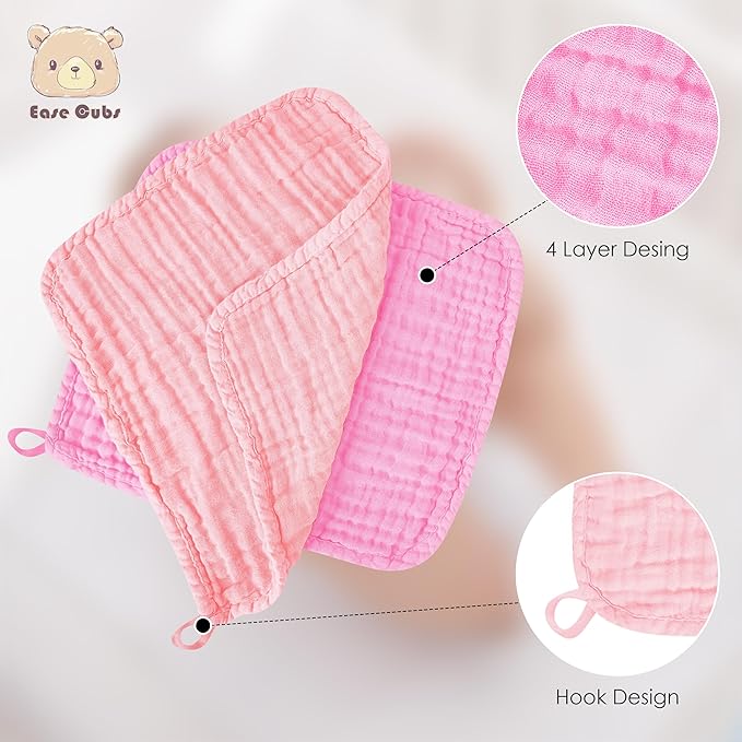Ease Cubs 12 Pack Muslin Washcloths for Baby - 100% Cotton Baby Wash Cloths for or Baby Face Body Comfy and Soft for Newborn Infants Kids Girls and Boys - 12"x12" - Pink, Purple and Sakura Series