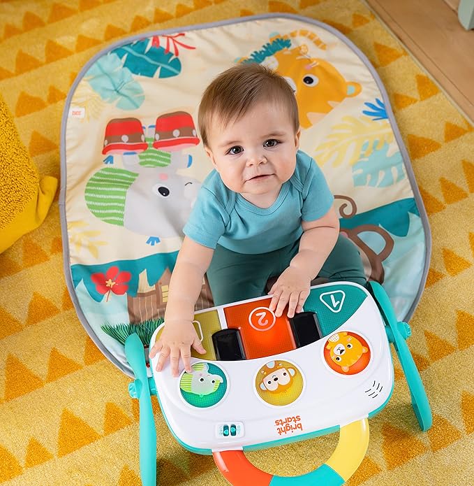 Bright Starts 4-in-1 Groovin’ Kicks Piano Gym, Tummy Time Play Mat & Activity Baby Toys, Green - Tropical Safari, Newborn to Toddler