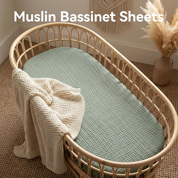 Pro Goleem Muslin Bassinet Sheet for Boys and Girls, Soft Breathable Fitted Cotton Baby Sheets Set for Oval Hourglass and Rectangular Bassinet Mattress, Neutral, 2 Pack (Grey＆Green)