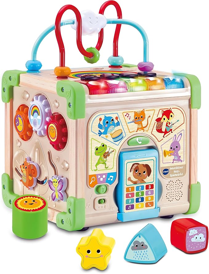 VTech Interactive Wooden Play Cube - Interactive Play Cube with FSC® Certified Wood - with Various Elements, Songs and Music - for Children Aged 12-36 Months