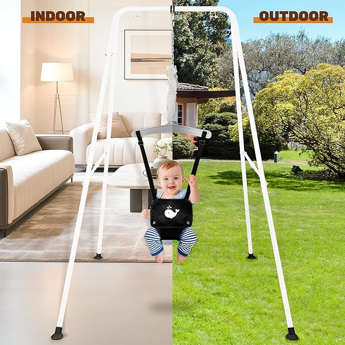 Baby Jumper with Stand, Foldable Activity Jumper for Infants, Height Adjustable Baby Bouncer No Doorway Needed Toddler Jumper, Portable Indoor Outdoor Baby Activity Center for 6-12 Months (Black)
