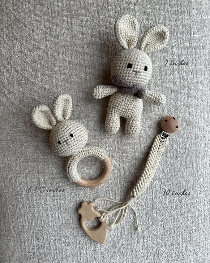 Generic Organic Cotton Handmade Crotchet Bunny Rattle, Toy, teether and Pacifier Holder Baby Shower/Birthday Gift Set., beige