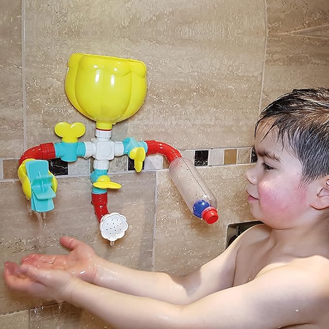 BUDDY & BARNEY Bath Time Waterfall Toddler Toy Set, Fun Early Learning Waterworks Building Set (11 Pieces), Bath Pipes with Valves & Water Wheel for Toddlers 6 Months+