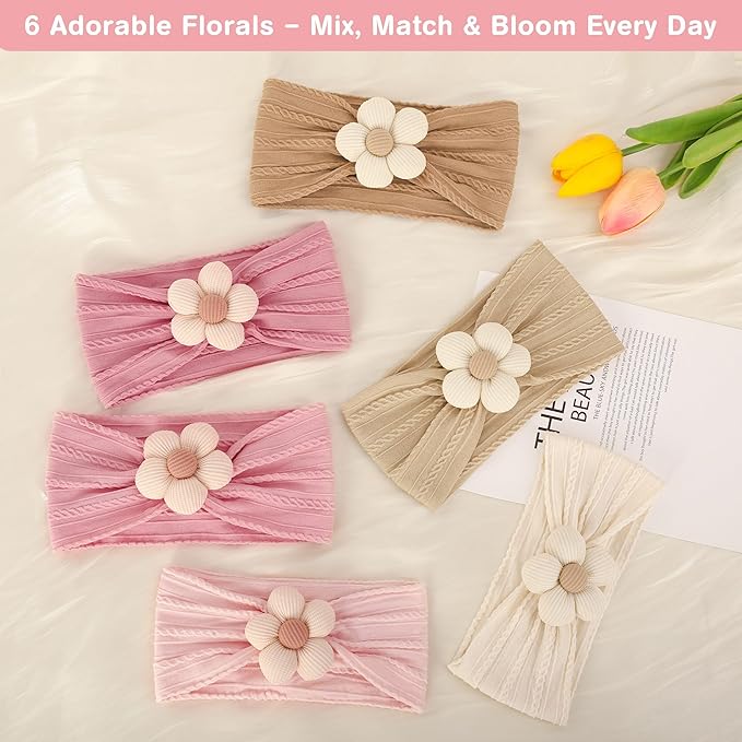 lucdnc 6 Pcs Baby Girls' Headbands Gifts for Newborn Infant Toddler Handmade Soft Comfortable Elasticity Nylon Baby Flower Hairbands Essentials Accessories
