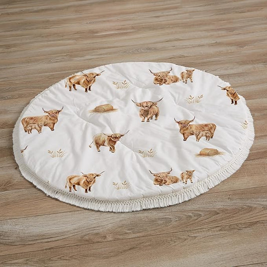 Sweet Jojo Designs Baby Play Mat (Boho Highland Cow) for Girls/Boys, Infant, Toddler Padded Floor Mat, Tummy Time Activity, Newborn Essentials Round Playmat for Babies (Farm Animal, Rustic Farmhouse)