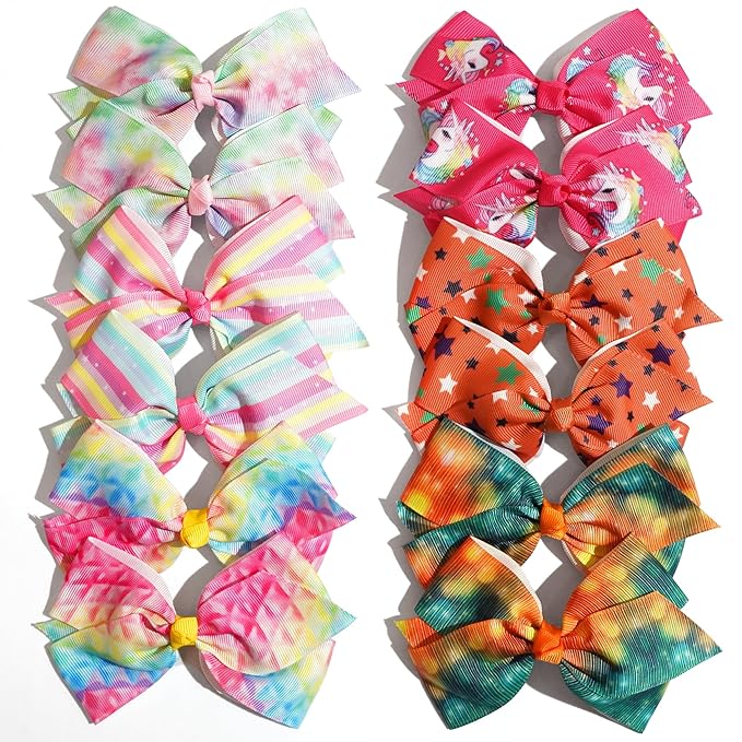 24PCS 4.5Inch Bows for Girls Boutique Grosgrain Ribbon Rainbow Hair Bow Alligator Hair Clips Pigtail Bows Unicorn Hair Clips for Baby Girls Toddler Kids Children Teens in Pairs…