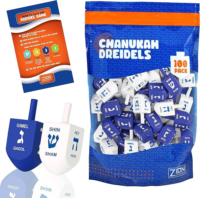 Zion Judaica Hanukkah Dreidels Blue & White Natural Wood with English Translation & Transliteration (100 Pack)