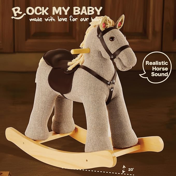 Rock My Baby Rocking Horse, Gray Wooden Rocking Toy, Rocking Animals for Children 2-6 Years Old, Ride on Pony with Realistic Sound, CPC Certified