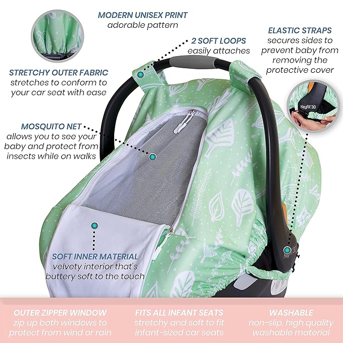Car Seat Canopy Stroller Covers for Infant Boy and Girl Babies Stretchy and Kick Proof with Net Multi Use Soft and Breathable (Green Foliage)