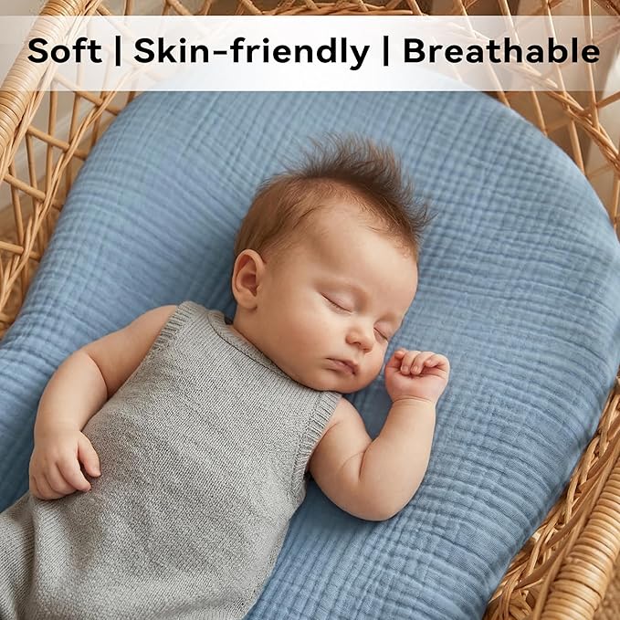 Muslin Bassinet Sheet Compatible with Halo BassiNest Swivel Sleeper - 100% Cotton Hourglass & Peanut Shape Mattress Pad Cover (30"x18"), Breathable & Soft, Boho (1 Pack Blue)