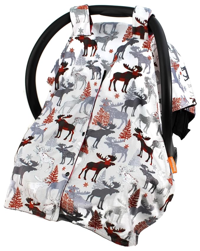Dear Baby Gear Car Seat Canopy - Unisex Infant Car Seat Cover - Soft and Breathable Fabric - Fits Most Carseats - Winter Moose/Red Black Plaid - 40"x30"