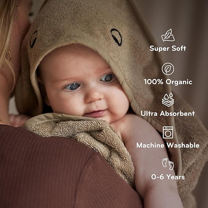 Hooded Baby Towels - 100% Organic Cotton Baby Bath Towels for Baby Boy, 32" x 32" Super-Soft and Absorbent Baby Towels for Newborn (Dino - Green Moss)