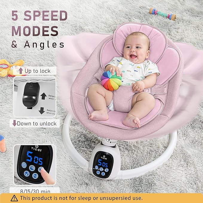 T TICCI Baby Swings for Infants, Smart Portable Baby Swing for Newborn, Bluetooth Infant Swing with Music Speaker, Remote Control Indoor Rocker with 5 Sway Speeds, 0-6 Months, Pink