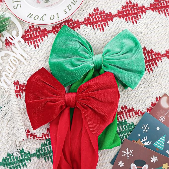 YanJie Christmas Headbands Girls Red Hair Bow Green Velvet Bows Toddler Newborn Bows Nylon Hairbands Infant Hair Accessories Christmas Gifts