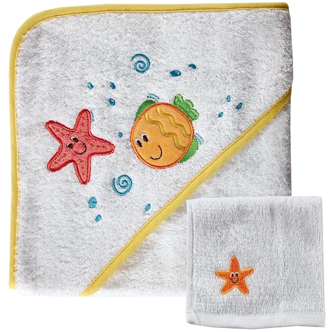 Luvable Friends Unisex Baby Cotton Hooded Towel and Washcloth, Yellow, One Size